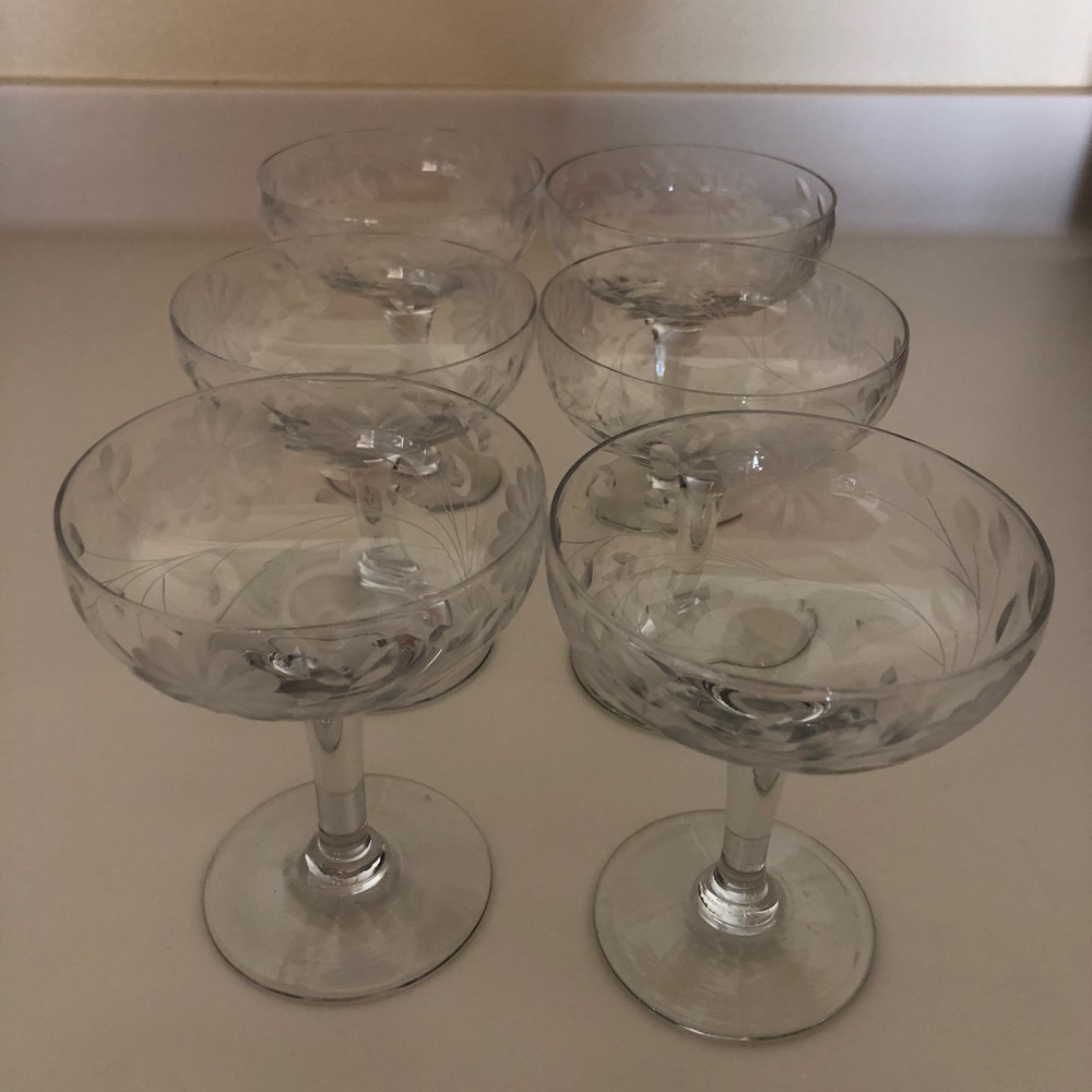 Vintage 1950s Crystal - Six Etched Champagne Glasses, mimosa Sunday Brunch